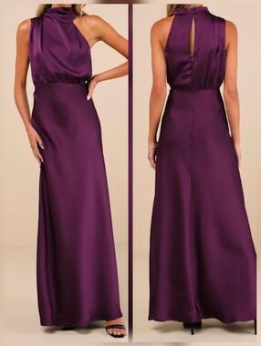 Lulus Distinctive Charm Purple Satin Asymmetrical Maxi Dress XL Keyhole Back